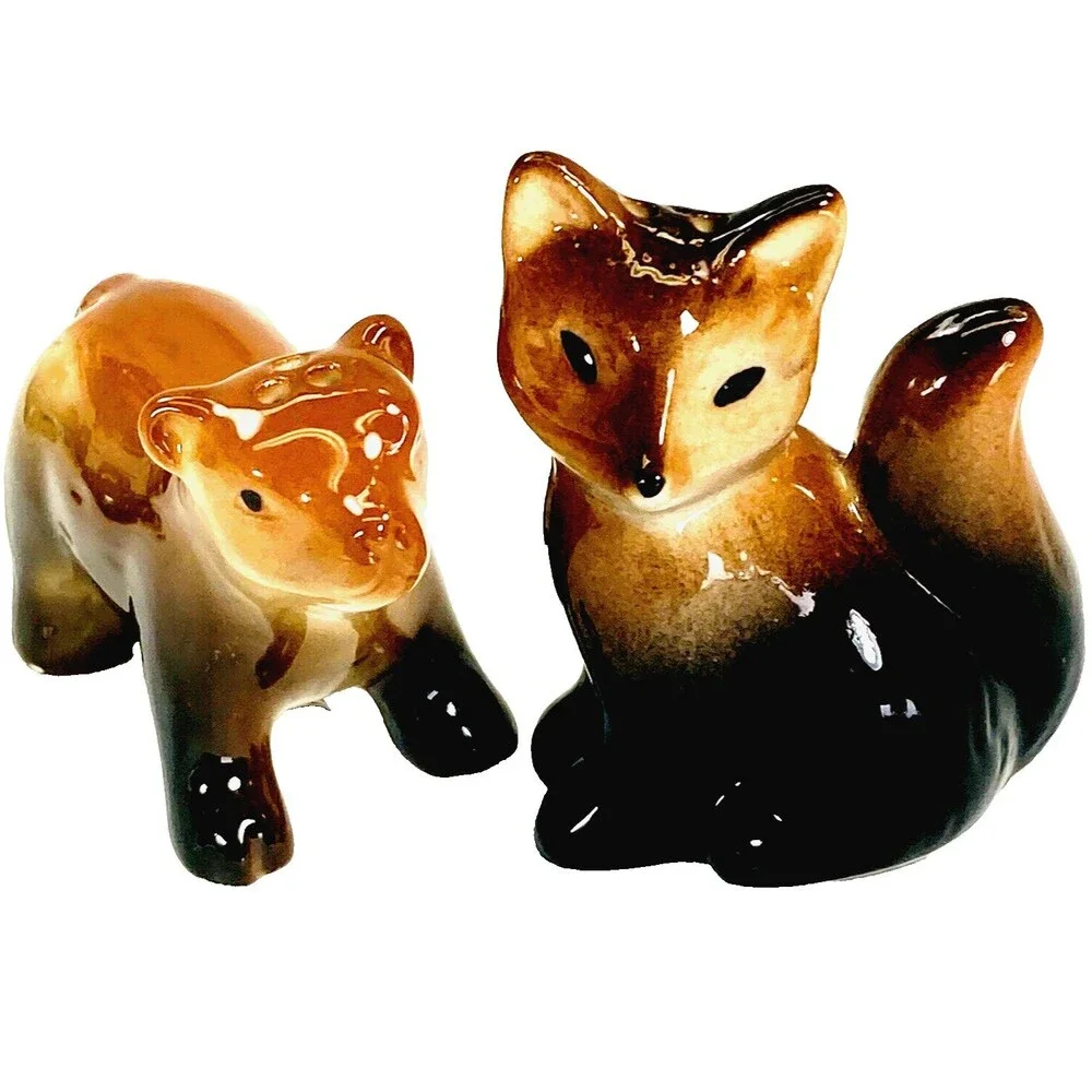 Fox and Bear Salt and Pepper Shakers NEW Ceramic 3